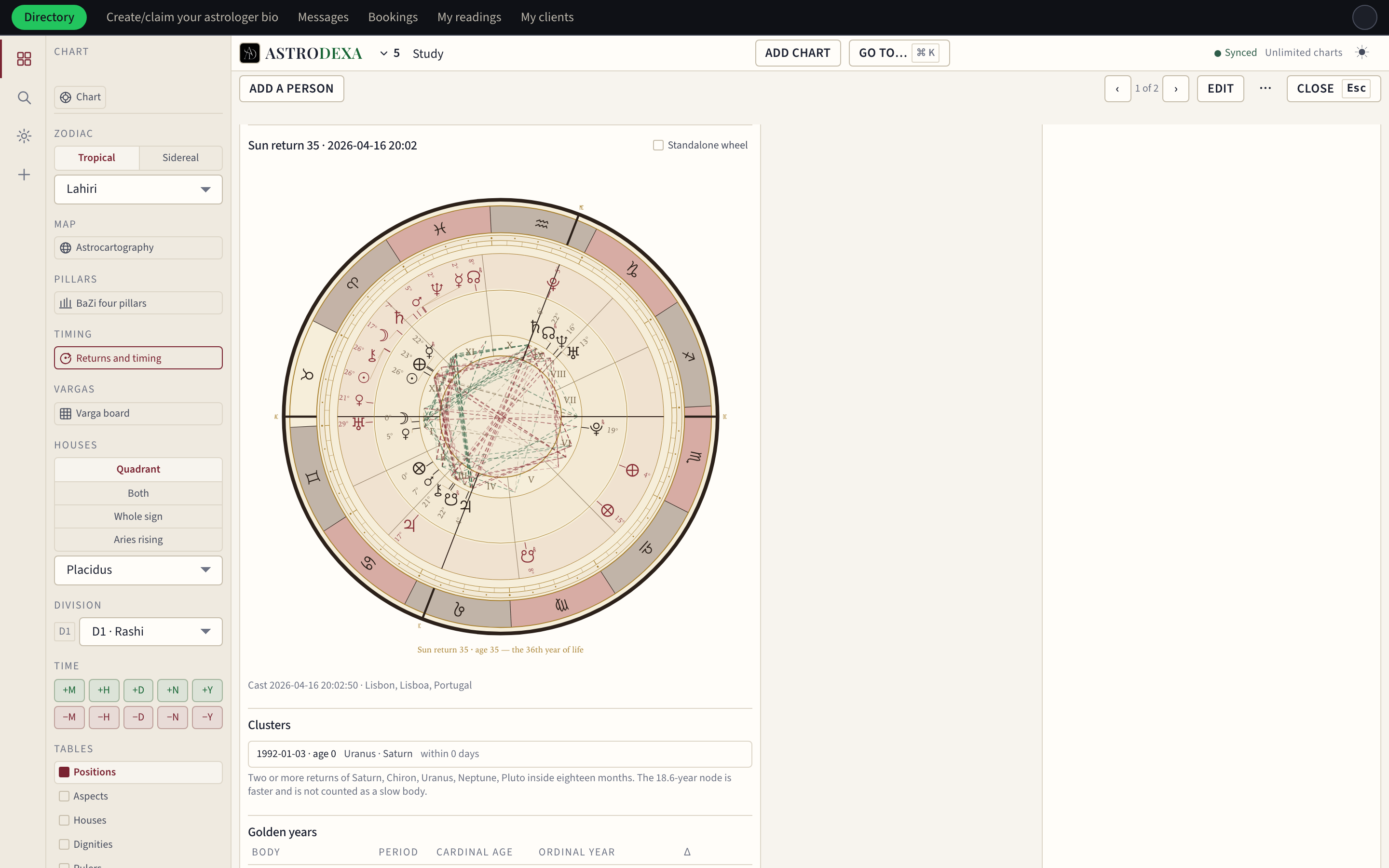 Returns and timing: the solar return for this year drawn around the natal chart