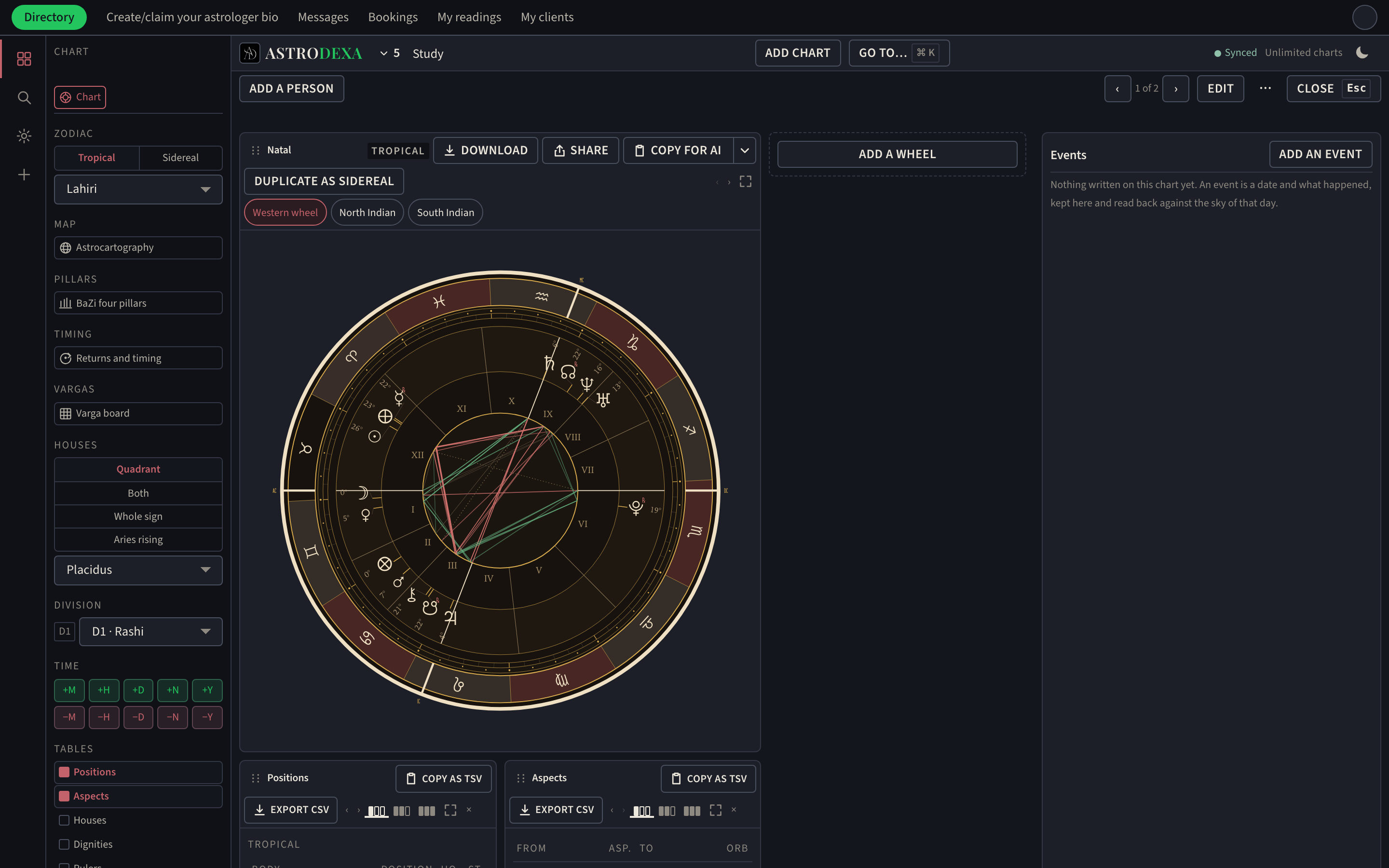 The AstroDexa workspace: a natal wheel with the chart tools beside it and the Positions and Aspects tables below
